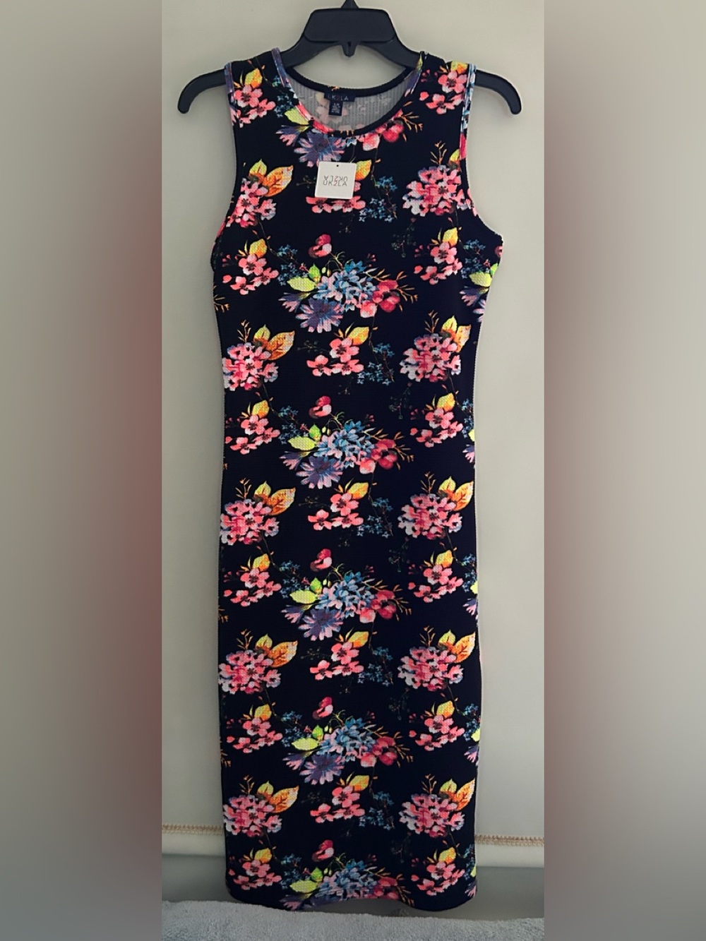 Navy Floral Bodycon Dress with Neon Blooms Sleeveless Size Large UK2LA